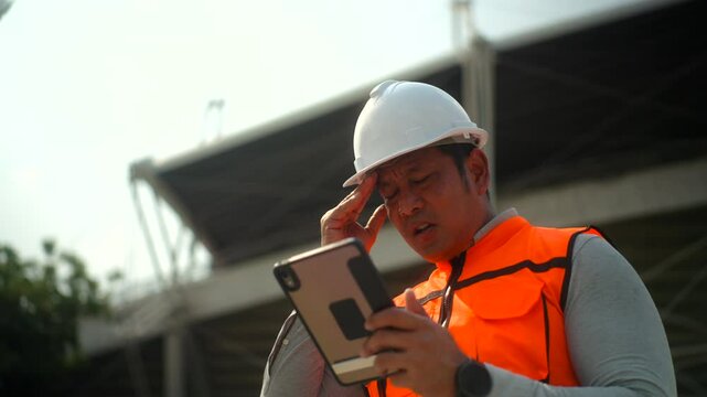Stressed elderly engineer man in white safety helmet working at building site workplace while looking at tablet, supervisor architect man feeling doubt and confused unfinished project construction.
