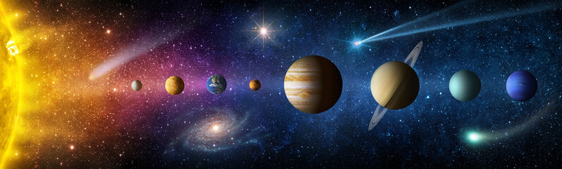 Sun, Mercury, Venus, planet Earth, Mars, Jupiter, Saturn, Uranus, Neptune., galaxies, stars, come. Space panorama of the universe. Elements of this image furnished by NASA © Tryfonov