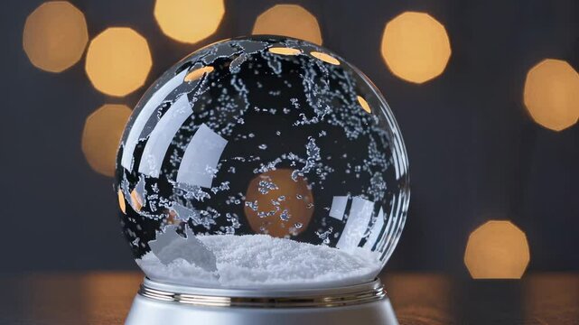 A Christmas holiday scene features an empty snow globe with a snowball, falling snowflakes, and snowfall, set against a bokeh glittering background with copy space, ideal for a seamless loop