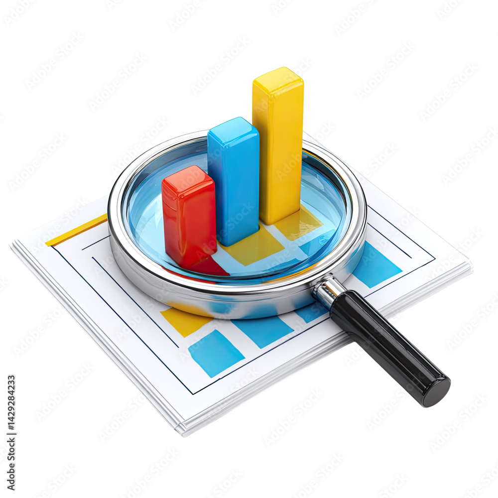 Poster magnifying glass over stacked charts on paperwork against a transparent background emphasizing busin