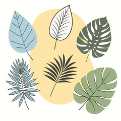 Fototapeta premium A collection of 6 tropical leaf silhouettes arranged neatly, featuring a variety of leaf types like palm fronds, monstera, and fern leaves