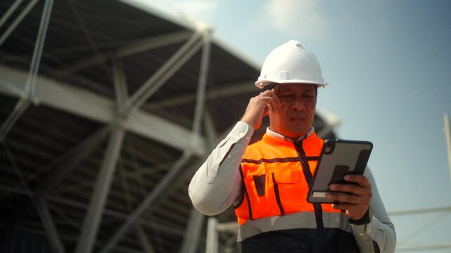 Stressed elderly engineer man in white safety helmet working at building site workplace while looking at tablet, supervisor architect man feeling doubt and confused unfinished project construction.
