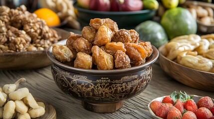 Fototapeta premium Delicious Candied Fruits and Nuts in Wooden Bowl