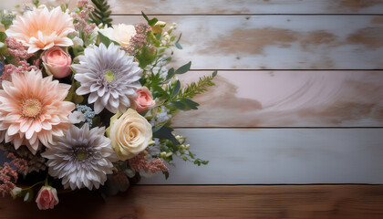 Ein zartes Blumenarrangement in Pastelltönen, kunstvoll rechts auf einem Hintergrund aus altem Holz, auf dem die Pastellfarbe abblättert, fotorealistische Illustration