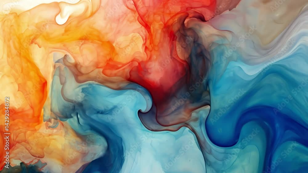 Poster layers of dyed washes blend seamlessly in vibrant hues of orange, blue, and red, creating a captivat