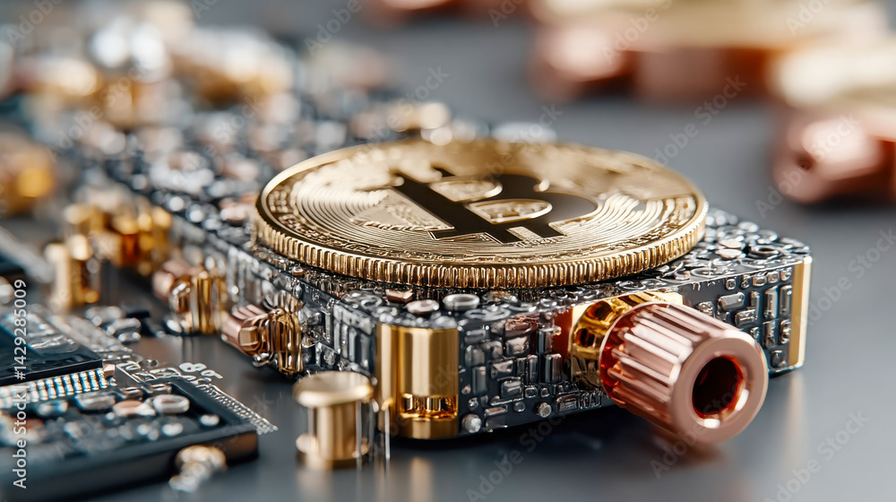 Poster a golden bitcoin coin mounted on a complex electronic device featuring detailed components and a red