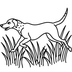 Line Art Vector of Hunting Dog Leaping Through Tall Grass in Dynamic Pose with Clean Flat Design, Hunting Dog Line Art, Leaping Dog Vector, Field Dog Sketch

