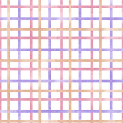 Grid of multi-colored stripes watercolor illustration of a seamless pattern. The colors are pink, purple and orange. Bright and cheerful ornament of thin stripes. Checkered background for packaging