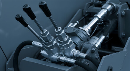 Closeup of Hydraulic Levers and System of Heavy Machinery Equipment in Gray Tone
