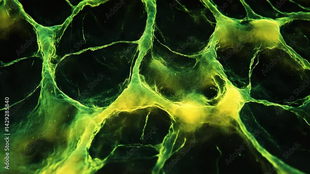 Poster glowing green and yellow interconnected network structure abstract macro image.