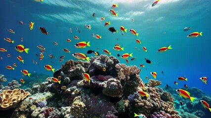 A vibrant school of orange fish swims around a colorful coral reef in a tropical ocean under bright sunlight