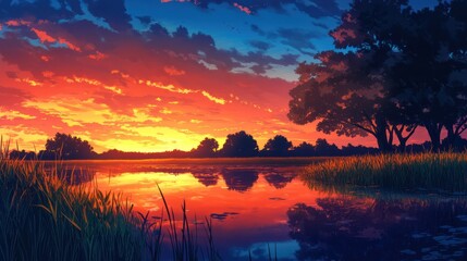 Obraz premium Peaceful nature scene. Sunset reflected on a lake with trees on the horizon