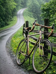 Rusty road bicycle leaning against wooden fence near rain-slick curving road with green foliage and wildflowers