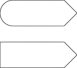 Two white arrow-shaped labels with black outlines, one rounded and one rectangular, used in diagrams, UI design, or directional indicators
