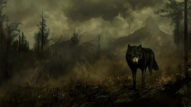 Majestic black wolf in an Enchanted Forest,
