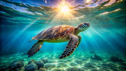 Obraz premium Majestic Sea Turtle Gracefully Navigating Sunlit Ocean Depths