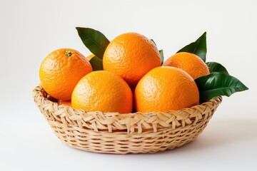 Oranges in Woven Basket with Green Leaves
