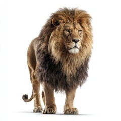 Obraz premium Majestic male lion standing and looking forward isolated on white background