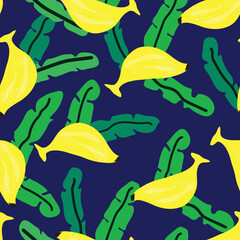 bananas with banana leaves on dark blue background seamless vector pattern. Rounded cute bananas seamless vector repeat pattern. It is suitable for textile, fabric, tiles, decoration and more.