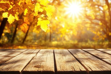 Autumnal wooden table with golden foliage. Sunlight streams through the trees, illuminating the vibrant fall colors of the leaves.
