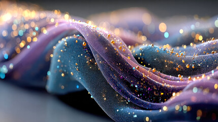 Colorful, shimmering fabric waves decorated with glowing golden glitter particles in a dreamy style