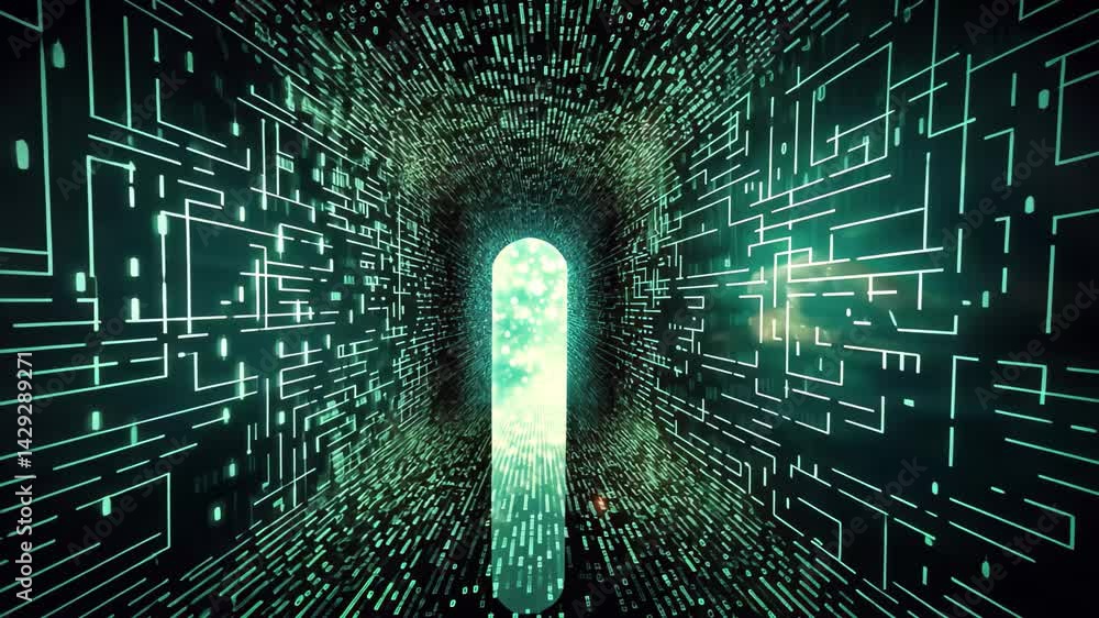 Poster binary code streaming through a keyhole, representing the gateway to digital secrets and information