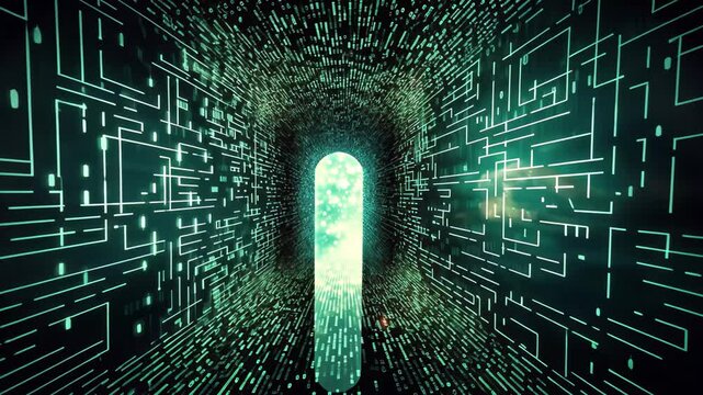 Binary code streaming through a keyhole, representing the gateway to digital secrets and information in a futuristic environment filled with glowing data