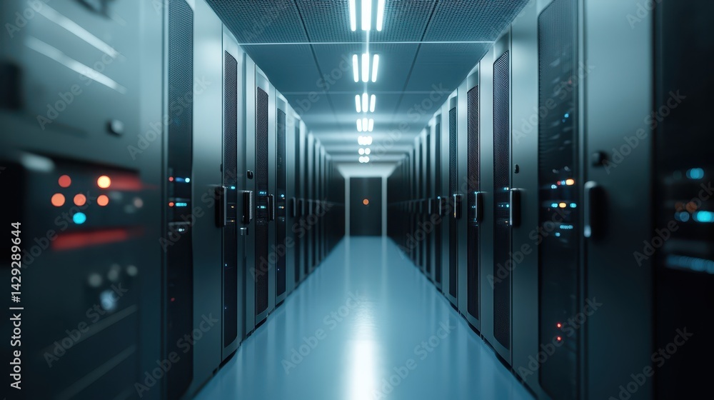 Poster navigating the digital labyrinth, an immersive journey through server room hallways and data center 