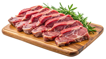 Raw Pork Chops on Wooden Cutting Board with Rosemary Sprigs, Ready to Cook