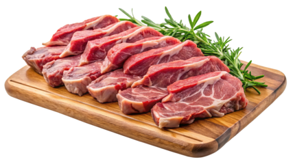 Raw Pork Chops on Wooden Cutting Board with Rosemary Sprigs, Ready to Cook