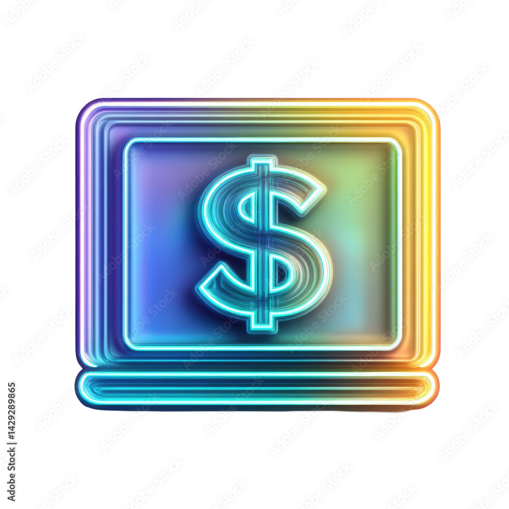 Poster neon dollar sign in a digital display with a gradient effect and illuminated edges against a black b