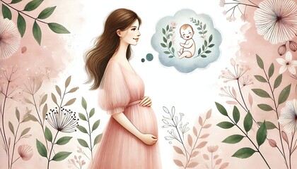 A smiling pregnant woman imagines her future baby, surrounded by soft flowers and greenery. Generated AI.
