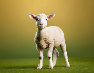 Fototapeta premium a cute baby sheep on a plain background with copy space, Muslim festival concept, Eid Ul Adha background, sacrifice of sheep, Islamic background with text space