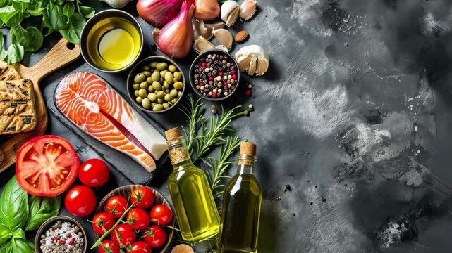 Fresh ingredients for a balanced flexitarian Mediterranean meal featuring salmon, olive oil, vegetables, and herbs on a dark textured surface with garlic and spices nearby