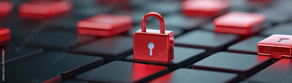 Poster cybersecurity concept, red padlock securing black keyboard symbolizing data protection