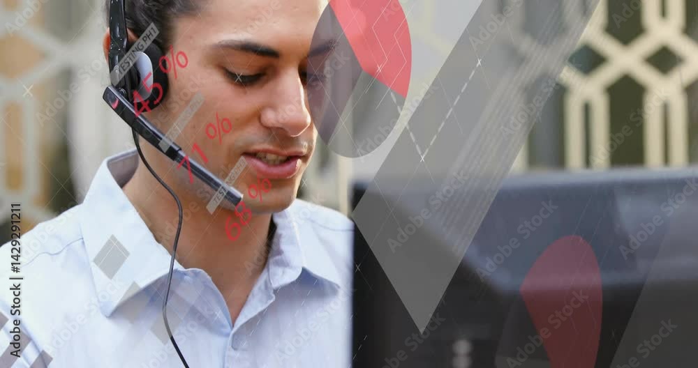 Poster Man using headset analyzing data in tech workspace, showing animated world map pie-chart overlays