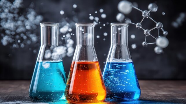 Colorful liquids in laboratory beakers, a visual representation of scientific experimentation