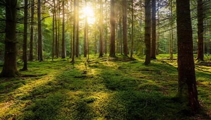 Obraz premium sunlit forest with mossy ground and tree canopy