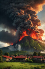 Volcanic Eruption Behind Peaceful Village in Green Valley