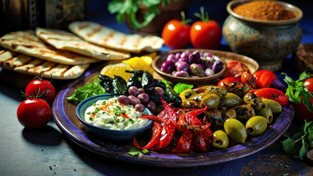 A vibrant Mediterranean feast featuring various olives, stuffed peppers, fresh tomatoes, and creamy dip served on a colorful plate with pita bread in a rustic setting