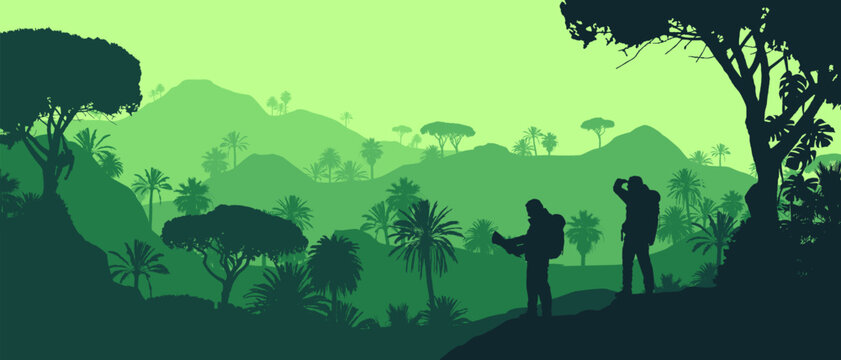 Beautiful flat vector landscape of layered rainforest jungle in green colors with hikers looking at view with a monkey.