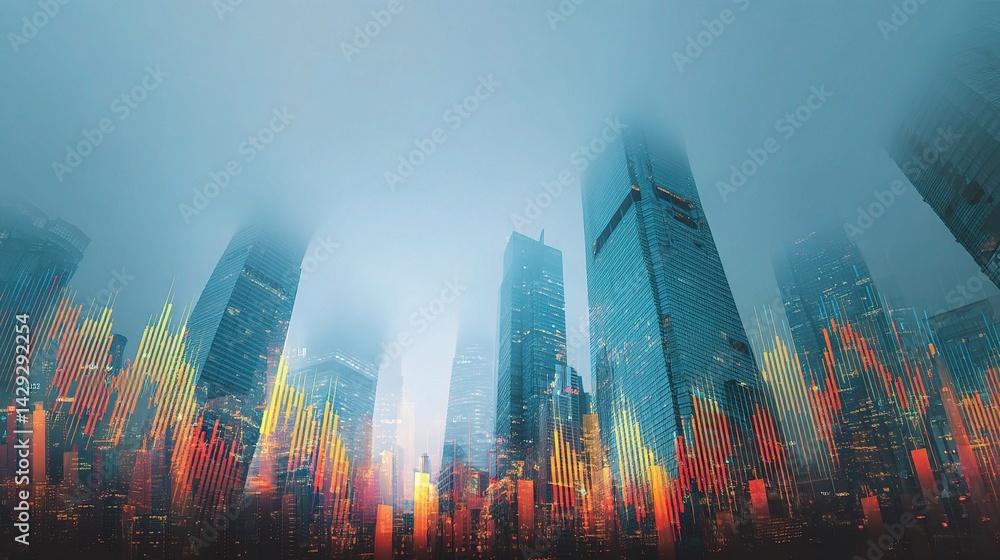 Poster urban skyline with dynamic financial data visualization overlay