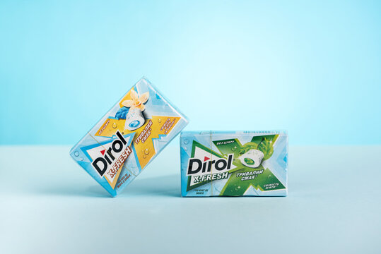 Lviv, Ukraine - April 1, 2025: Set of Dirol gum different flavours: mint and vanilla