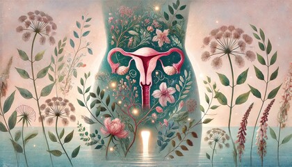 A symbolic female body with uterus surrounded by flowers and plants, representing fertility, nature, and inner life. Generated AI.