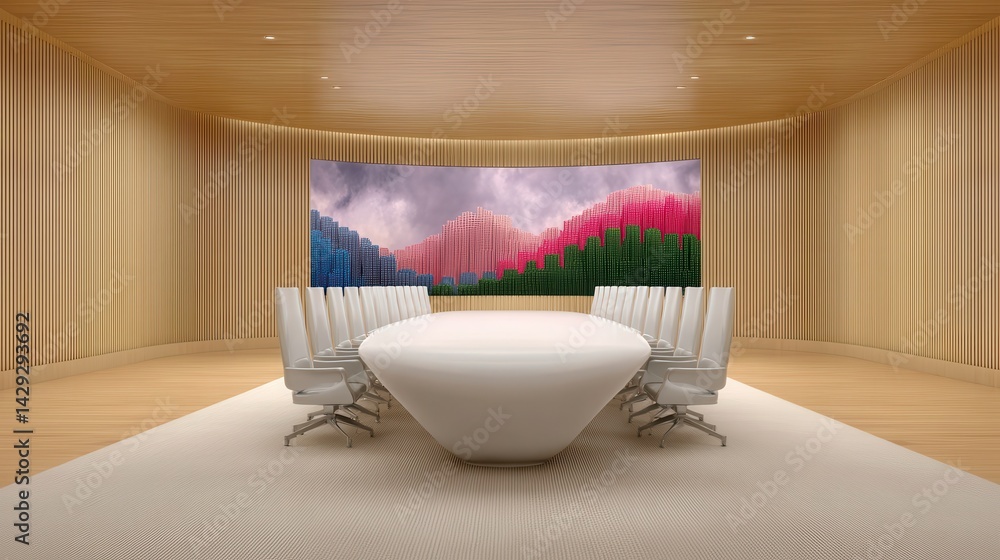 Poster hyper realistic empty boardroom with oval table and modern design elements for professional settings