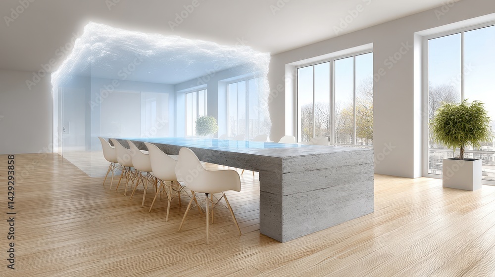 Poster hyper-realistic image of an empty boardroom table surrounded by bright natural light and modern desi