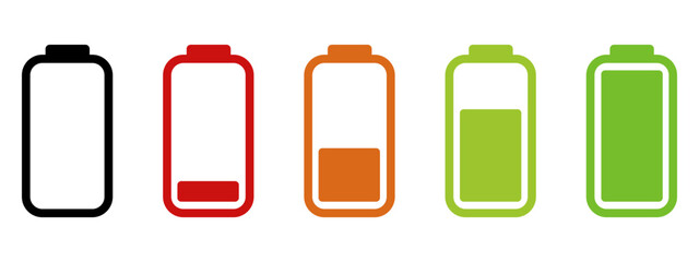 Battery icon set. Battery charge indicator. Battery charging sign and symbol.