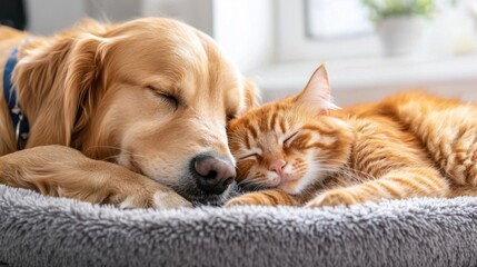 A dog and a cat are sleeping together on a bed