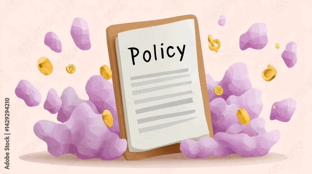 Poster minimal flat design document with policy icons and tax elements in soft pastel colors