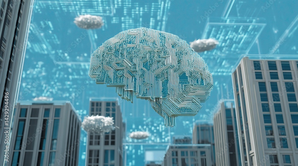Aufkleber digital brain with circuitry floating above cityscape in cloudy sky